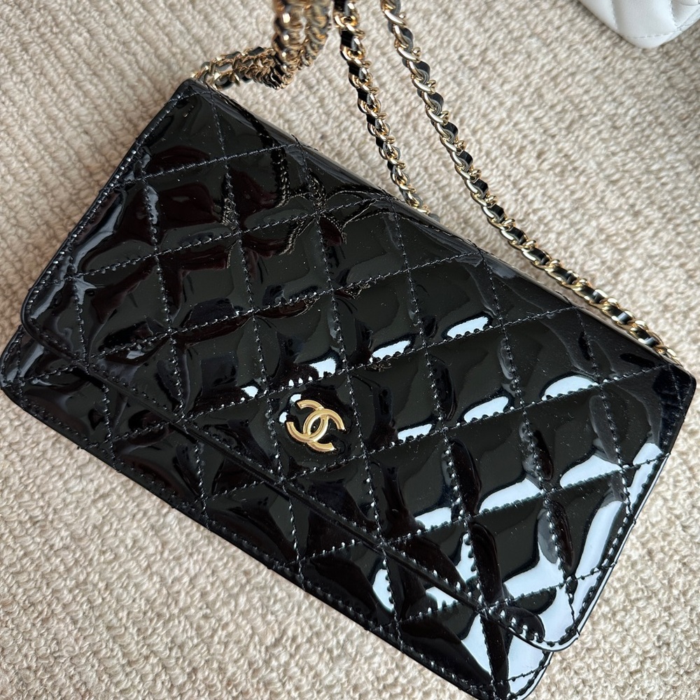 Chanel patent leather wallet on a chain